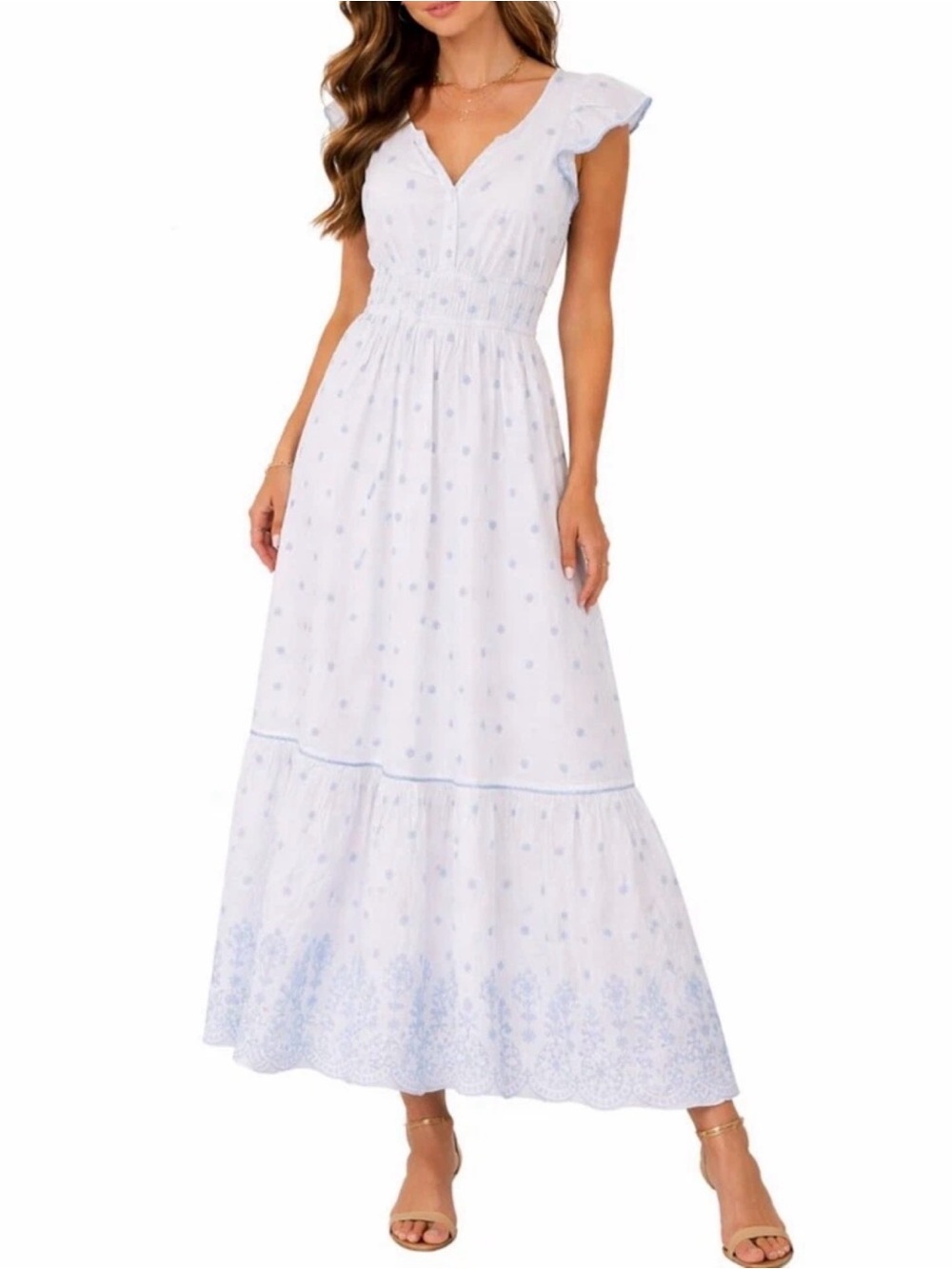 Rachel Zoe White/Blue Eyelet Smocked Waist Tiered‎ Maxi Dress.